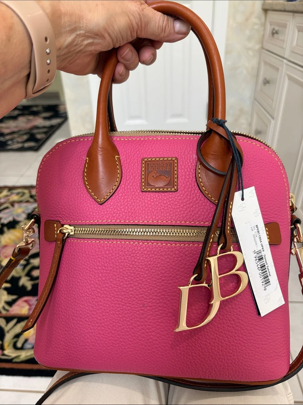 Dooney & Bourke Hot Pink Pebbled Grain Leather Domed Satchel with Brown Trimk